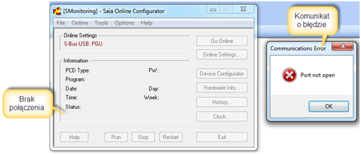Okno Online Configurator menedżera projektu PG5 - brak nawiązanego połączenia